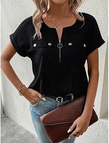  قميص تيشيرت النساء بلون صلب بسيط موضة عصرية غير رسمية بأكمام قصيرة برقبة دائرية Tops يومية نهاية الأسبوع بسحاب وأزرار أسود نبيذي أزرق بنفسجي صيف