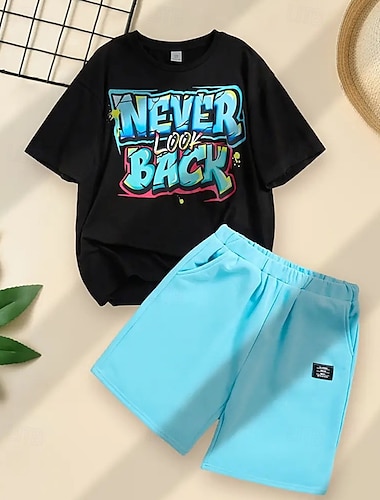  2 delar Barn Pojkar Kostym T-shirt och shorts Utrusta Bokstav Kortärmad Crewneck Uppsättning Utomhus Sport Mode Sommar 4 år + Svart Vit Rubinrött