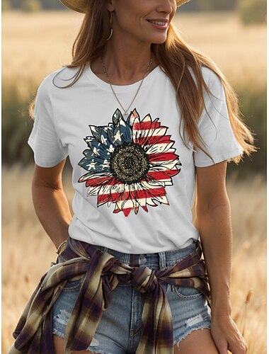  Γυναικεία Πατριωτικά T Shirt Βαμβακερό Μπλουζάκι Γραφικό Σημαία Ηλιοτρόπιο Casual Μακρυμάνικο Crew Neck Κανονικά Εμφανίσεις Καθημερινό Εκτύπωση Μαύρο Λευκό Γκρι Καλοκαίρι Άνοιξη