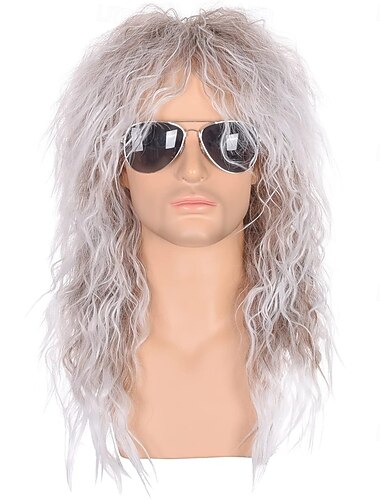  Parrucca da uomo e da donna, stile rockstar anni '80, con capelli lunghi castani e ricci, stile punk rock, parrucca glam rock-rocker, perfetta per Halloween, cosplay, feste in maschera a tema fai da