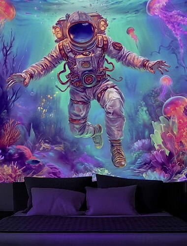  Fekete fényű faliszőnyeg sötétben világító Glow Party UV-reaktív űrhajós trippy ködös gomba függő faliszőnyeg falikép nappalira és hálószobára