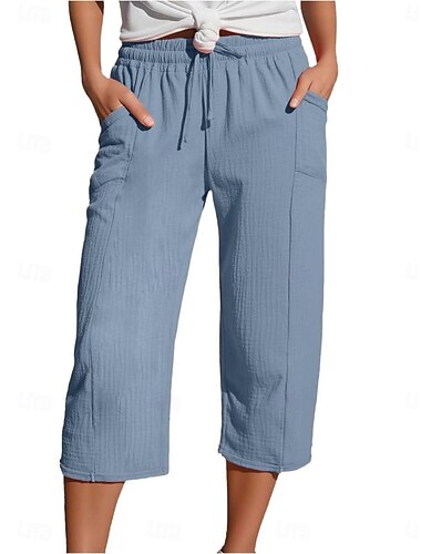  Mujer Pantalones de lino y algodón Chinos Vacaciones Ropa de calle Básico Medio corto Alta cintura Plano Bolsillo Cintura elástica Confortable Suave Cómodo Microelástico Exterior Calle Verde Claro