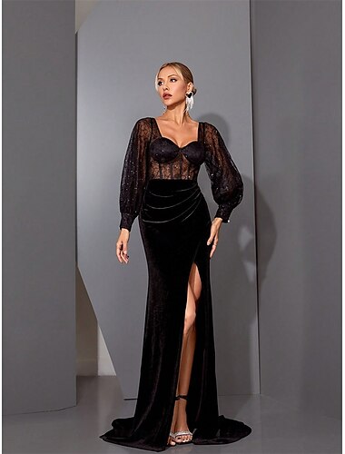  Black Tie Mermaid / Trumpet Corset Dresses Chantilly Sequin Lace Dress Formal Wedding Velvet Sweep / Brush Train Puff Sleeve Sweetheart with Ruched and Slit