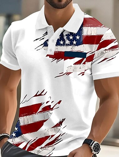  Tag der Unabhängigkeit Männlich Amerikanische Flagge Polo Kurzarm Umlegekragen Alltagstauglich Lässig Festival Knöpfe Tasche Sommer Rubinrot Weiß