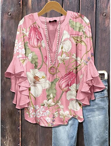  Blusa Donna a Maniche Ruffle Sovrapposte Tops Grafica Floreale Vintage Giornaliera Etnica a Maniche 3/4 Viscosa Regolare Tops da Indossare per Vacanze Quotidiane Stampa Rosa Blu Viola Estate Primavera