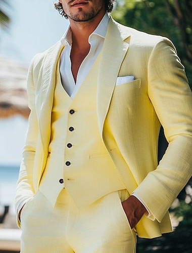  Costumes de mariage décontractés en lin pour hommes, couleur jonquille, jaune d'été, mode formelle, couleur unie, coupe standard, 3 pièces, simple boutonnage, un bouton