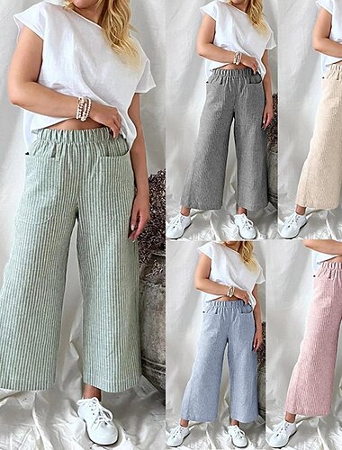  Dam Byxor av linne i bomull Trosor Byxor Streetwear Ledigt Fullängd Naturlig Randig Ficka Elastisk midja Bekväm Gata Utekväll Aprikos Svart Rosa Blå Sommar Normal