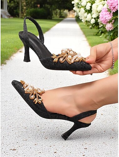  Sapatos de salto alto slingback de cetim preto feminino com detalhes em pérolas - saltos estilosos para coquetéis e eventos noturnos