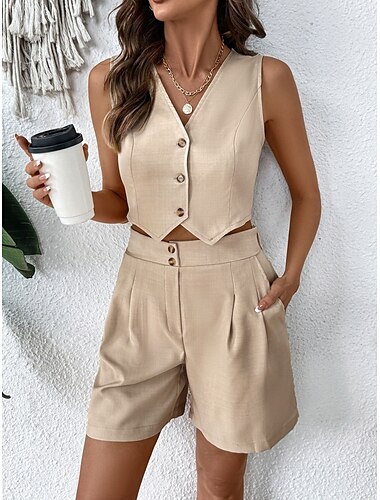  Damen 2 Teile Fashion Streetwear Daily Weste Shorts Sets Ärmellos V-Ausschnitt Einfarbig Lässig Daily Khaki Sommer Reguläre Passform