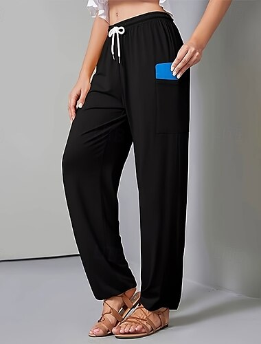  Mujer Perneras anchas pantalones Pantalones Ropa de calle Casual Longitud total Cintura Media Plano Bolsillo Diseño de cordón elástico Confortable Al Aire Libre Cómodo Calle Casual Diario Gris Negro