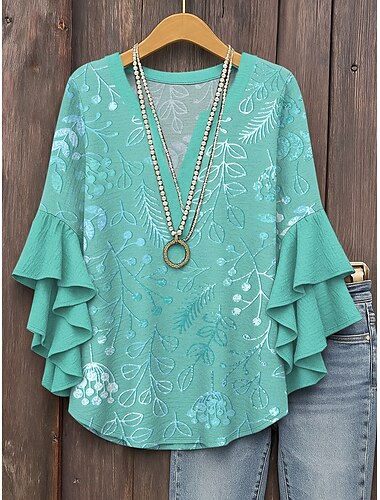  Damen Bluse mit geschichteten Rüschärmel Blumenmuster Blatt Vintage Täglich Ethnisch 3/4-Ärmel V-Ausschnitt Reguläre Tops Tägliche Urlaubsferien Bekleidung Print Gelb Pink Blau Lila Grün Sommer