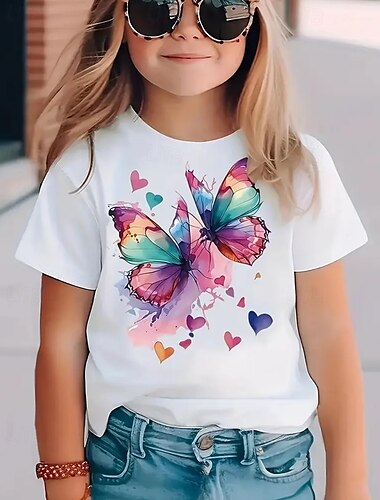  Voor meisjes 3D Vlinder T-shirt Korte mouw Zomer Lente Modieus Basic Kinderen 4-12 jaar Strakke ronde hals Buiten Casual Dagelijks Normale pasvorm