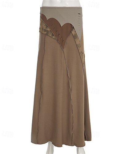 Damen Rock A-Linie Schwingend Lässig Boho Maxi Hohe Taille Röcke Einfarbig Patchwork Urlaub Ferien Braun Grün Sommer Polyester