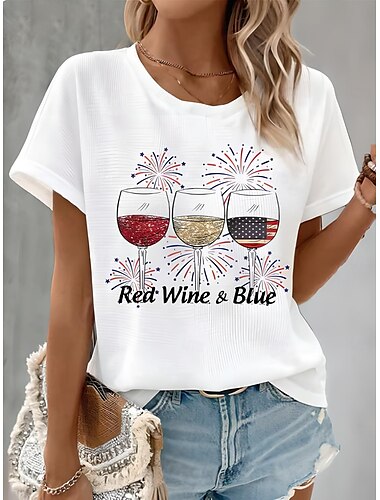  Unabhängigkeitstag Frauen Patriotische vierter Juli T-Shirt Grafik Flagge Vintage Stilvoll Klassisch Kurzarm Rundhals Reguläre Oberteile Täglich Wochenende Druck Weiß Rot Staubiges Blau Hellblau