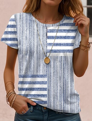  Damen T Shirt Grafik Geometrisch Gestreift Vintage Stilvoll Klassisch Kurzarm Rundhalsausschnitt Normale Oberteile Täglich Druck Schwarz Weiß Königsblau Blau Purpur Sommer Frühling
