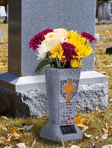  Vase funéraire avec croix solaire à LED, décorations pour tombes, vases pour fleurs fraîches ou artificielles, cadeaux commémoratifs