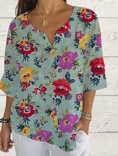  Mulheres Camisa Social Tops de verão Floral Gráfico Clássico Casual Manga 3/4 Decote V Tops regulares Diário Final de semana Imprimir Verde Claro Verão Primavera Outono
