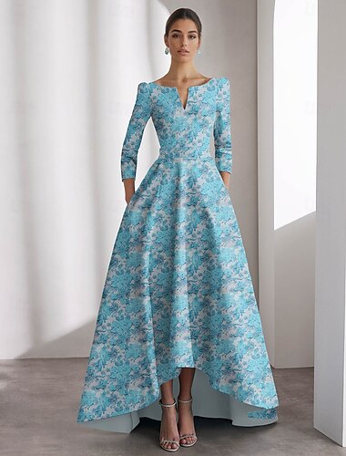  A-Linien-Cocktailkleider Elegantes Kleid Formelle Hochzeitsgast Asymmetrisch Kurzarm V-Ausschnitt Nylon mit Blumenmuster Tasche Hochzeitsgast Kleid
