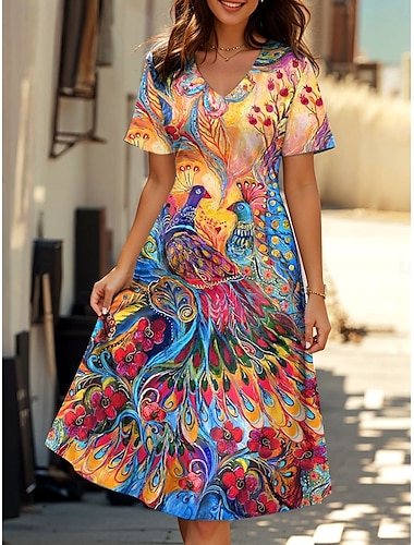 Dam Mini klänning T shirtklänning Solklänning Sommarklänning Semester Ledigt Boho Dagligen Utekväll Normal Blommig Grafisk Kortärmad V-hals Orange Sommar