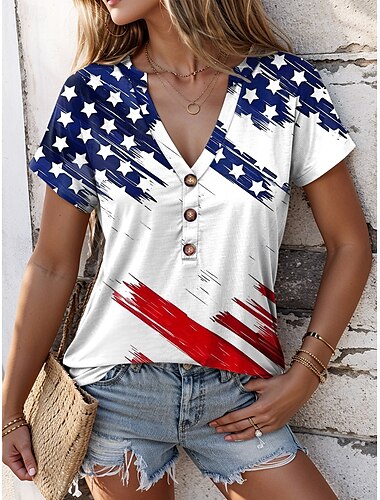  Tricou Patriotica pentru Femei Grafic Steag Casual Roșu Alb și Albastru Mâneci Scurte Guler V Topuri Regulate Zilnic Imprimat Albastru Vară