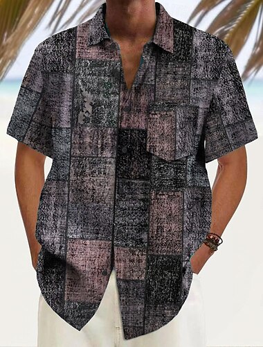  Herren Geometrisch Farbblock Patchwork Hemd Sommerhemd Knopfhemd Kurzarm Modisch lässig Outdoor Urlaub Alltagskleidung Sommer Frühling Umlegekragen 3D-Druck Hemden mit Kragen Eine Tasche vorne Rosa