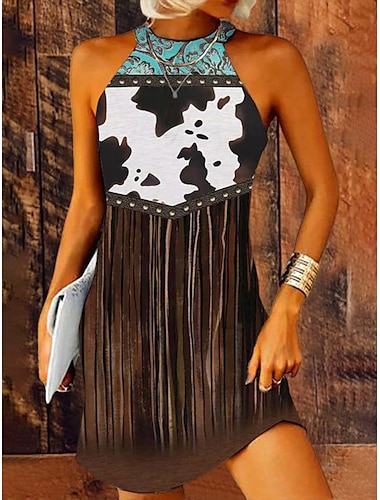  Dames Mini-jurk Zonnejurk halter jurk Off-the-shoulder jurk Vakantie Casual Buiten Feest Uitgaan Standaard pasvorm Grafisch Tribal Etnisch Mouwloos Halternek Kameel Zomer Lente