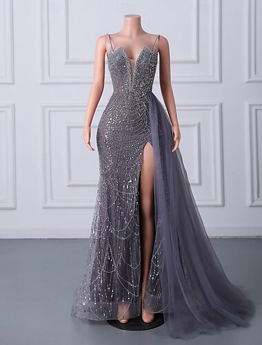  Meerjungfrauenschnitt Abendkleid Elegant Kleid Abendgesellschaft Abschlussball Hofschleppe Ärmellos Spaghettiträger Paillettenbesetzt mit Perlen Paillette 2025