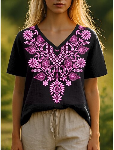  Mujer Camiseta Floral Graphic Plantas Bohemia Elegante Casual Manga Corta Escote en Pico Tops regulares Diario Estampado Blanco Azul Piscina Fucsia Verde Trébol Verano Primavera