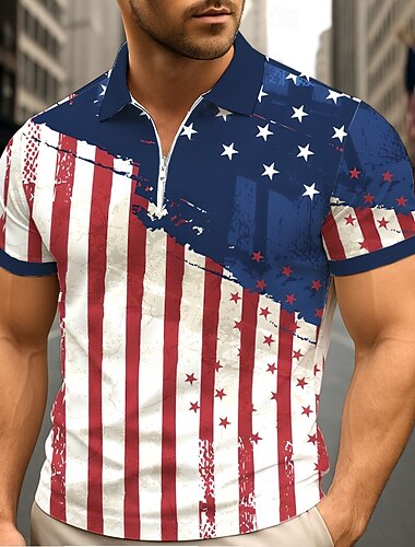  4 يوليو 2026، الذكرى 250 يوم الاستقلال رجالي علم الولايات المتحدة الأمريكية الرمز البريدي بولو كم قصير طوي عارضة / رياضي الرياضة & في الخارج ملابس الرياضة طباعة ثلاثية الأبعاد الصيف روبينز إيغ بلو