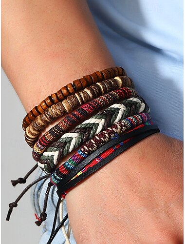  Set di braccialetti intrecciati con perline multistrato boho da uomo, vari modelli di materiali: legno, pelle e corda, stile tribale, da spiaggia e da abbigliamento casual