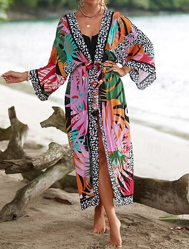  Femmes Maillots de Bain Vêtement couvrant Maillot de bain Nœud devant Tropical Tenues de plage Fleur Col en V manche longue Maillots de bain