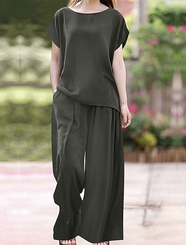  Damen Mode Hemd Bluse Hosen-Sets Kurzarm Rundhalsausschnitt Einfarbig Urlaub Täglich Schwarz Wein Armeegrün Sommer Normale Passform