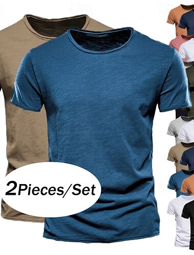  Camiseta de algodón para hombre, paquete de 2, manga corta, cuello redondo, verano, lisa, diseño de moda, estilo clásico, básica, vacaciones, calle, informal, naranja, azul, verde militar, negra.