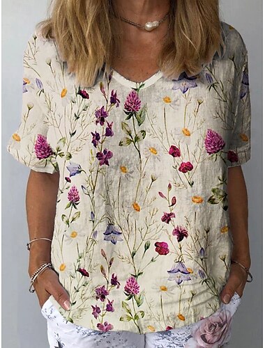  Dam Skjorta Blommig Grafisk Växter Stylish Klassisk Ledigt Kortärmad Rund hals Vanliga toppar Dagligen Standkläder Semesterkläder Mönster Brun Kaki Violett Sommar Vår
