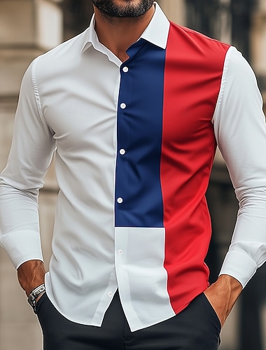  Nationalfeiertag Herren Patriotisch Französische Flagge Hemd Sommer Hawaiihemd Knopfhemd Langarm Hawaiianisch Outdoor Ferien Sommer Frühling Umlegekragen 3D-Druck Leinenähnliches Hemd Weiß