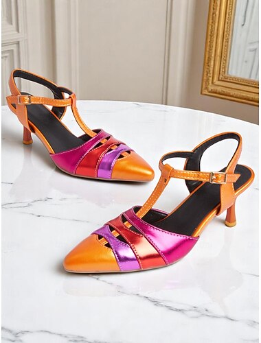  Scarpe con tacco a T metallizzate arancioni e fucsia da donna – décolleté colorblock con punta a punta in stile kitten retrò per feste danzanti, discoteche ed eventi vintage anni '50