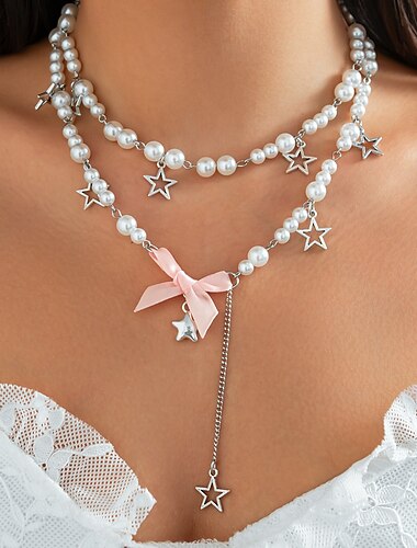  Anhänger Halskette Perle Damen Elegant Niedlich Perlen Stern Schleife Hochzeit Tropfen Modische Halsketten Für Hochzeit Party Geschenk