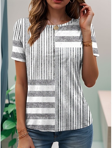  Dames T-shirt Grafisch Gestreept Vintage Stijlvol Klassiek Korte mouw Strakke ronde hals Normale tops Dagelijks Weekend Afdrukken Blozend Roze blauw Paars Grijs Zomer Lente
