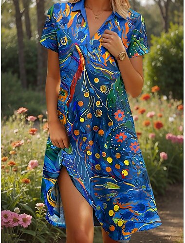  Dames Halflange jurk A lijn jurk Zomerjurk Vakantie Casual Strandstijl Afspraakje Zomerjurk Normale pasvorm Grafisch Geometrisch Abstract Korte mouw Revers Rood blauw Groen Zomer
