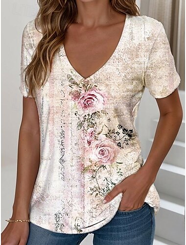  Dames T-shirt Bloemig Grafisch Vintage Stijlvol Klassiek Korte mouw V-hals Normale tops Dagelijks Afdrukken blauw Paars Groen gebroken wit Zomer Lente