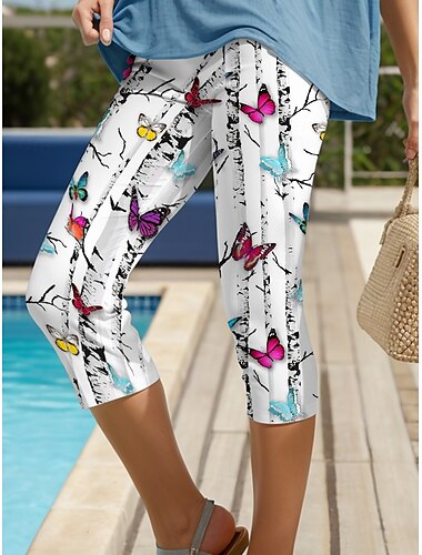 Leggings für Frauen Capri-Hosen hohe Elastizität Urlaubsmoden Vintage knöchellang hohe Taille grafischer Baum Schmetterlingsdruck thermisch warm atmungsaktiv weich dehnbar formal im Freien