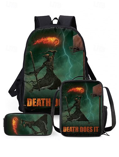  3-teiliges Sensenmann-Rucksackset für Herren mit Sensenmann-Aufdruck – strapazierfähige Schultasche, Lunchtasche und Federmäppchen für Teenager zum Schulanfang und Liebhaber des Gothic-Stils, Vincent Hie