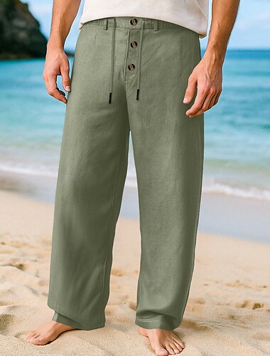  Hombre Pantalones de lino Pantalones Pantalones de verano Pantalones anchos Pantalones de gasa Correa Cintura elástica Pierna recta Plano Comodidad Transpirable Longitud de la rodilla Exterior Diario