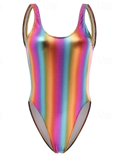  Retro Antiguo Años 80 Delirio Traje de baño One Piece Body Disco Patente de látex brillante Metálico Arco iris Mujer Víspera de Todos los Santos Carnaval Festival de Música vacaciones en la playa