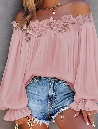  Mulheres Camisa Social Blusa Linho de algodão sintético Frufru Frente Única Tecido Moderno Casual Manga Longa Ombro a Ombro Tops regulares Diário Feriado Para Noite Azul Preto Branco Rosa Verão