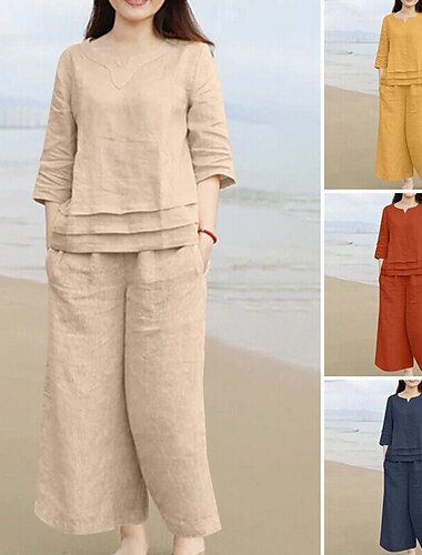  Per donna Attivo Essenziale Set di biancheria in cotone Manica 3/4 Girocollo Tinta unica Casual Quotidiano Giallo Blu marino scuro Marrone Estate Vestibilità regolare