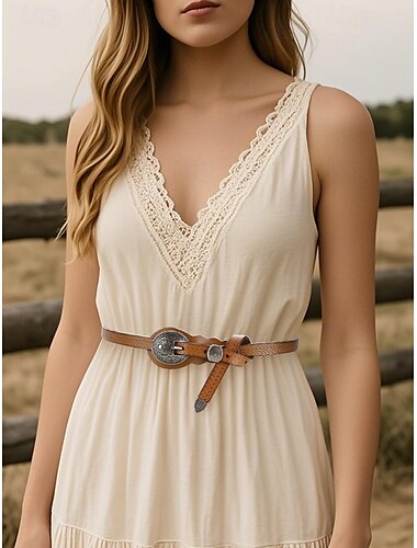  Damen-Western-Hüftgürtel aus Kunstleder mit geschnitzter Vintage-Silberschnalle für Boho-Kleider, Sommerkonzerte und Country-Hochzeits-Outfits