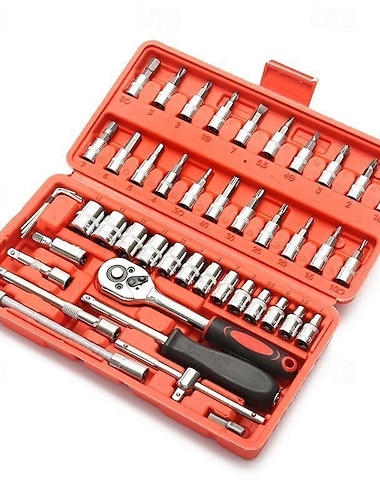  Jeu de 46 clés à cliquet à douille 1/4 pouce, avec jeu de douilles métriques et barre d'extension pour la réparation automobile et le ménage, avec étui de rangement