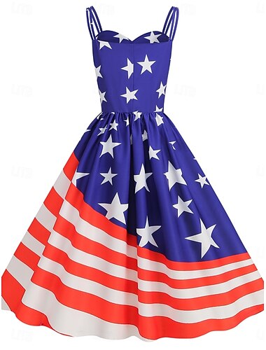  Unabhängigkeitstag Damen Patriotisches Mini-Kleid Vierter Juli A-Linie Kleid Slip Kleid Off-Shoulder Kleid Lässig Outdoor Ausgehen Reguläre Passform Amerikanische Flagge Ärmellos Spaghettiträger