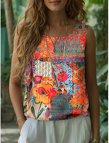  Femmes Débardeur caraco Fleuri Graphique Élégant Bohème ancien Sans manches Col ras du cou Hauts Réguliers Noir Orange Été Printemps